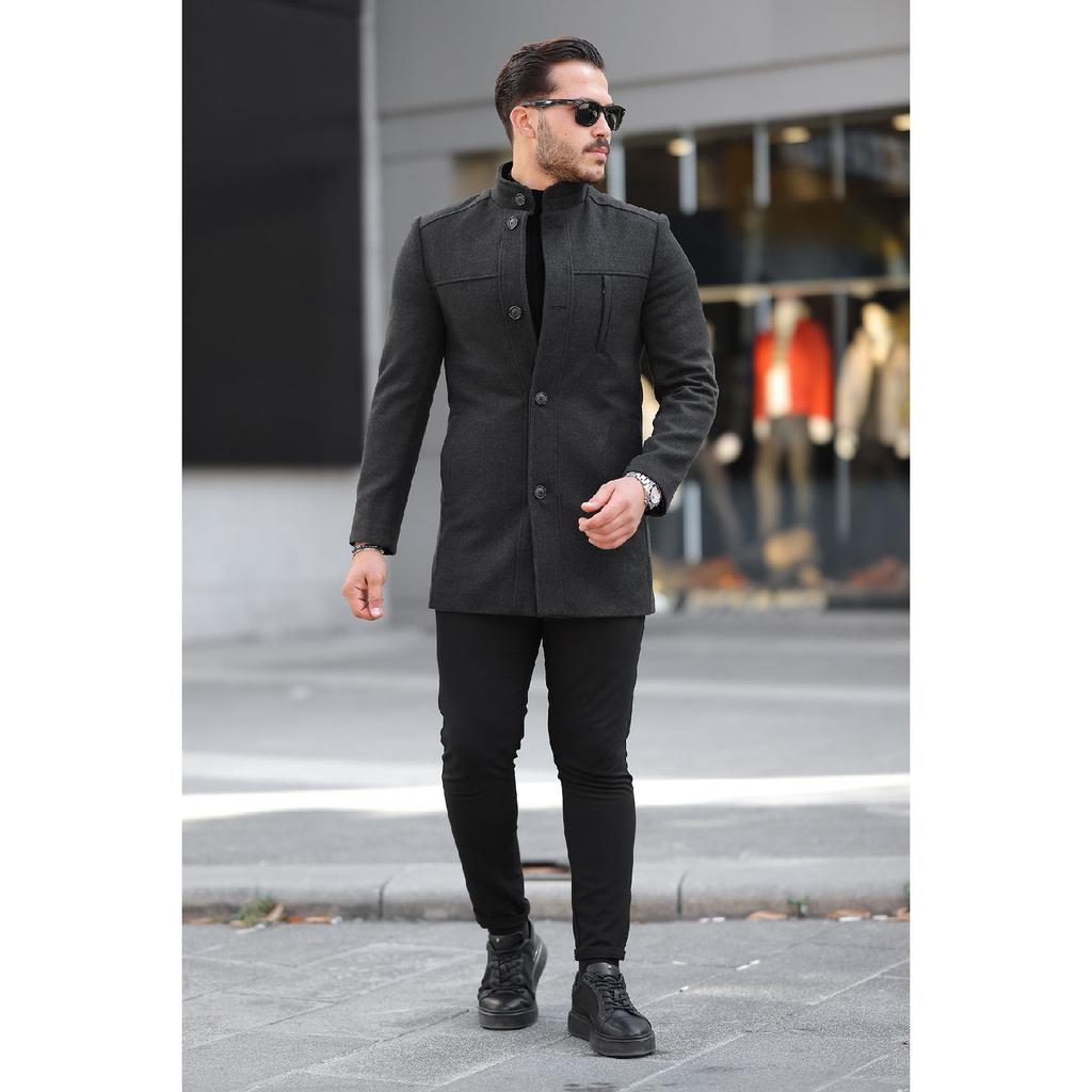 Men's Casual Cut Windproof Buttoned Long Black Cuff Coat