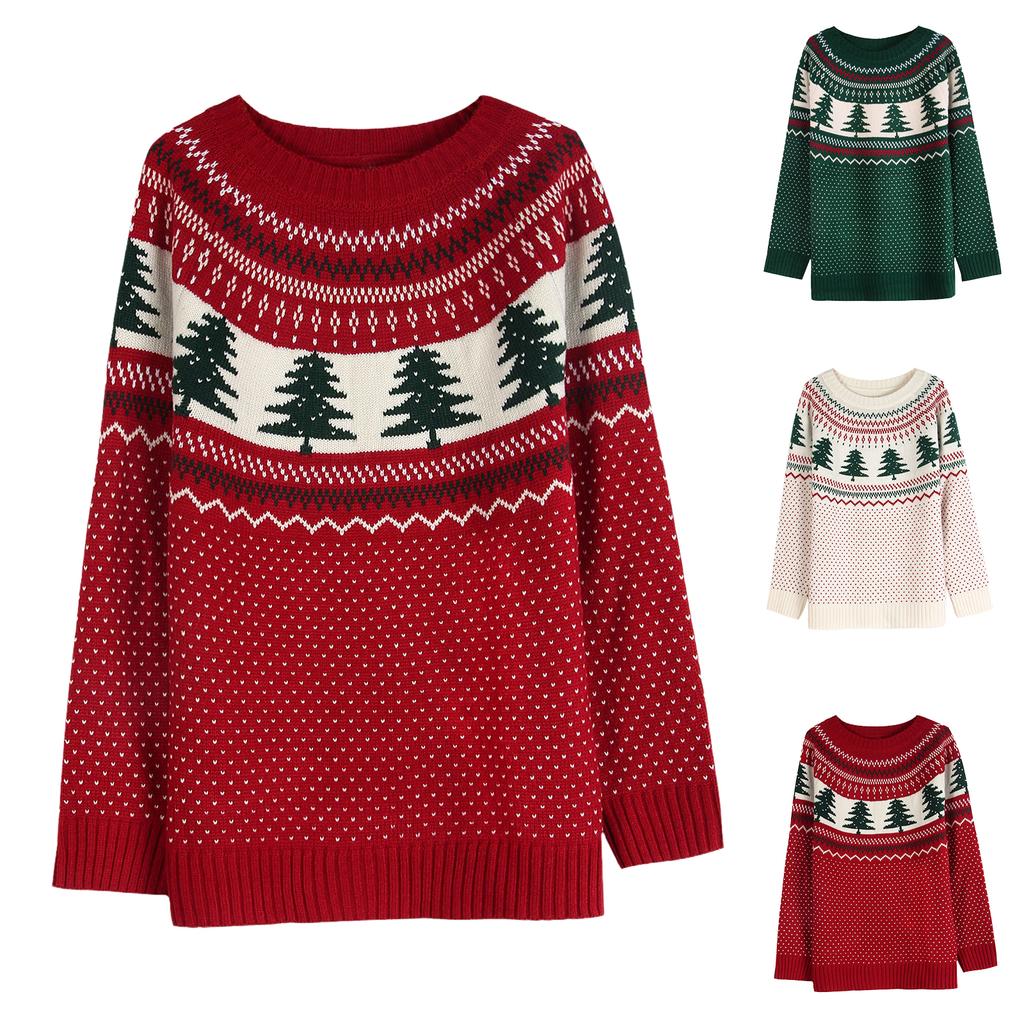 Women's Loose Fit Knit Christmas Pullover Sweater with Tree Embroidery for Fall and Winter
