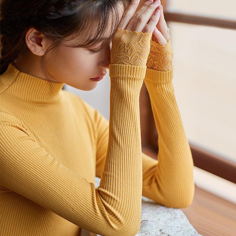 Women's Thermal Half-High Collar Lace Top - Slim Fit Autumn & Winter Wear