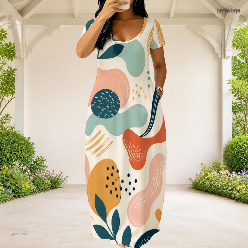 Women Plus Size Round Neck Short Sleeve Abstract Printed Loose Maxi Dress With Side Pockets