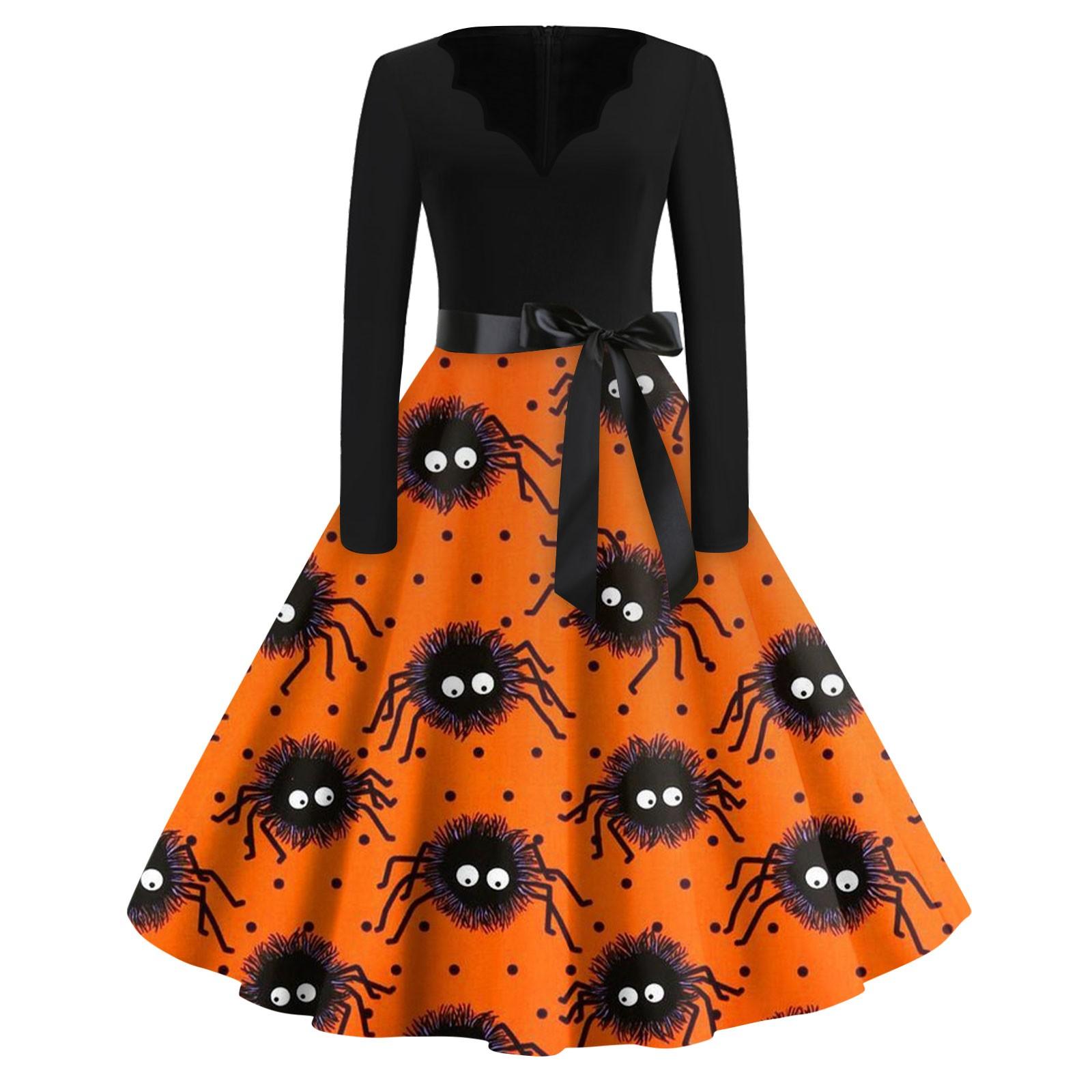 

Женское винтажное классическое платье с длинным рукавом и принтом, V-образным вырезом, свободное платье S оранжевый