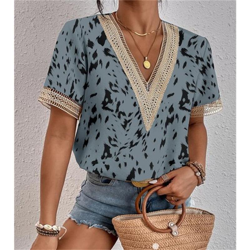 2Wish Women's Collar Lace Loose Top Commuter Short Sleeve Shirt Women's Style