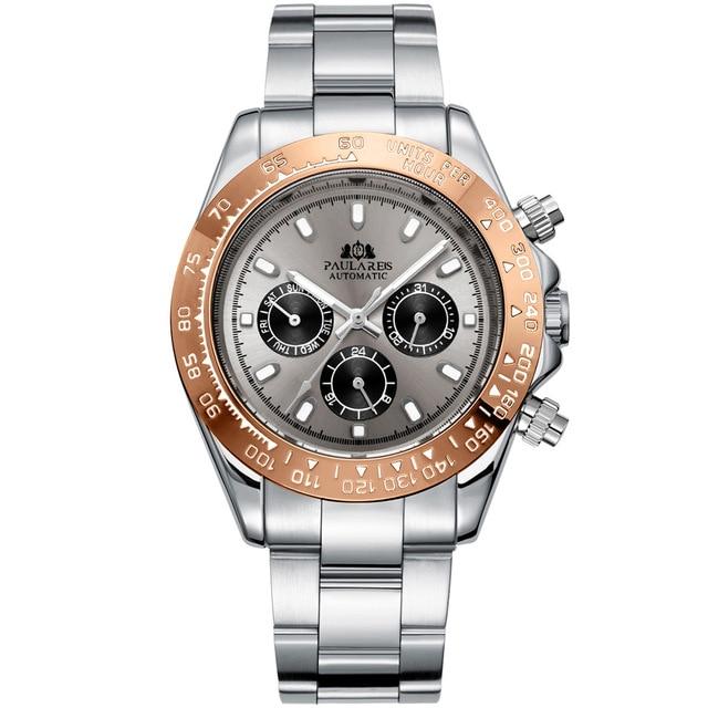 Paulareis Automatic Watches Self Wind Mechanical Gold Stainless Steel Glacier Ice Blue Dial Chestnut Brown Bezel Luminous Men Watch RL01