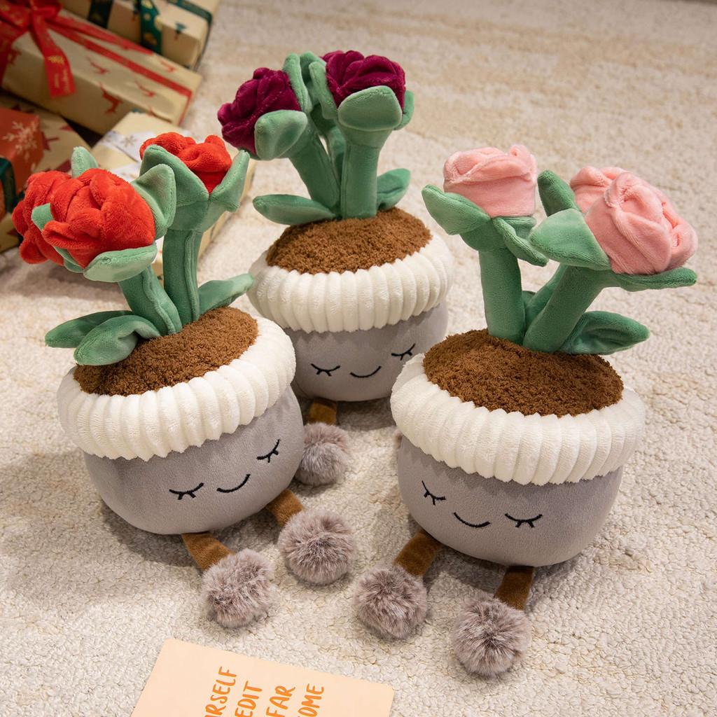 Plush Rose Flower Pot Plant Decor With Soft Pp Cotton For Living Room Ornament