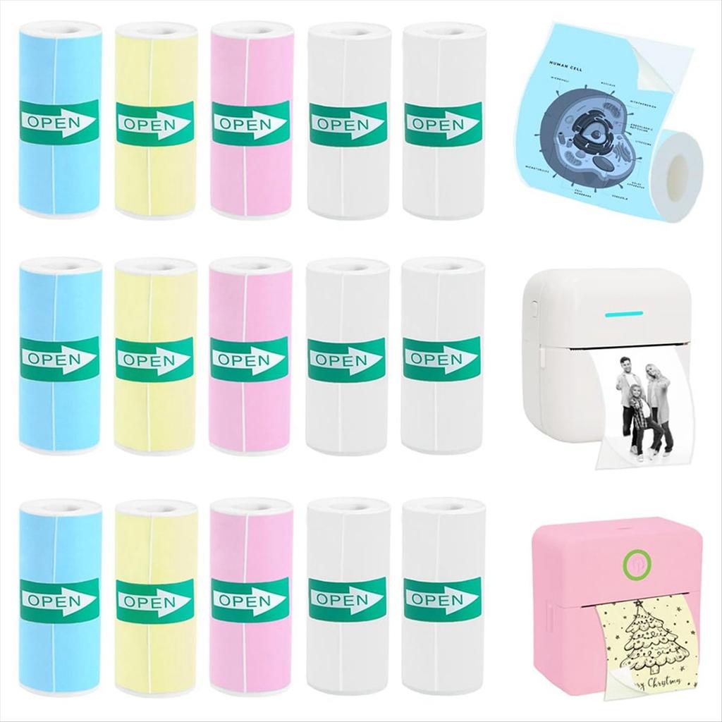 BHBL 15 Rolls Thermal Sticker Paper for Mini Printer Sticker Maker, 9 Colored and 6 White Mini Printer Sticker Paper