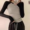 American-Style Spicy Girl Style Raglan Long-Sleeve T-Shirt for Women, Spring and Autumn, Pure Cotton, Slim Fit, High-Waisted, Color-Blocking Inner Top