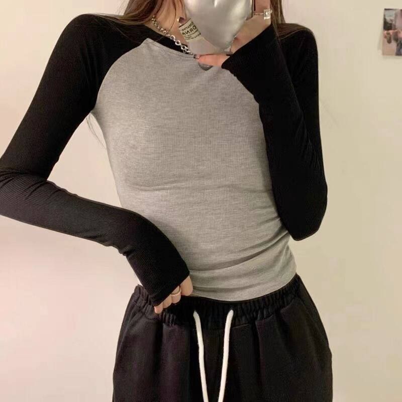 American-Style Spicy Girl Style Raglan Long-Sleeve T-Shirt for Women, Spring and Autumn, Pure Cotton, Slim Fit, High-Waisted, Color-Blocking Inner Top