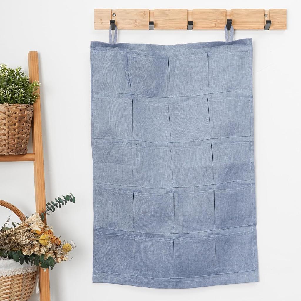 100% Linen Hanging Storage Bag with 20 Pockets, Wall Hang Over The Door Closet Organizer for Socks Underpants, Blue