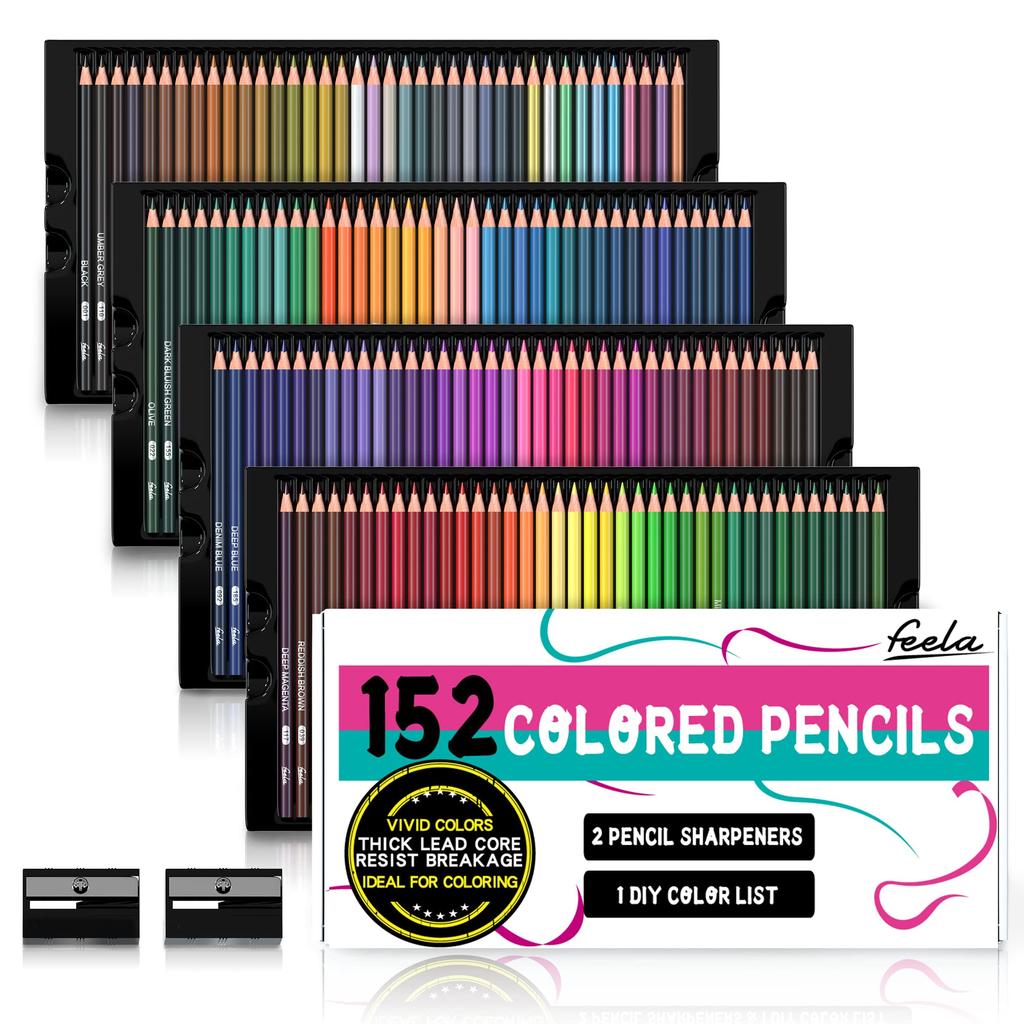 Feela Metallic Coloré pour Coloriage Adulte Comprend un Crayon et avec Rangement Cadeau pour Comprend une Liste de Couleurs Crayons, à Base d'Huile, Ensemble de 152 Couleurs, Couleurs,