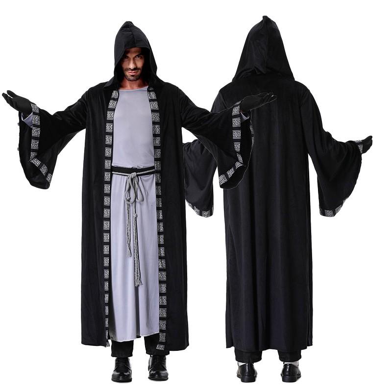Mens Halloween Costume Grey Robe Cosplay Outfit Wizard Reaper Priest Stage Performance