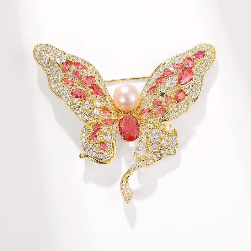 Bo Xin Yun Luxury Red Zircon Butterfly Brooch with Natural Freshwater Pearl – Elegant Accessory Pin