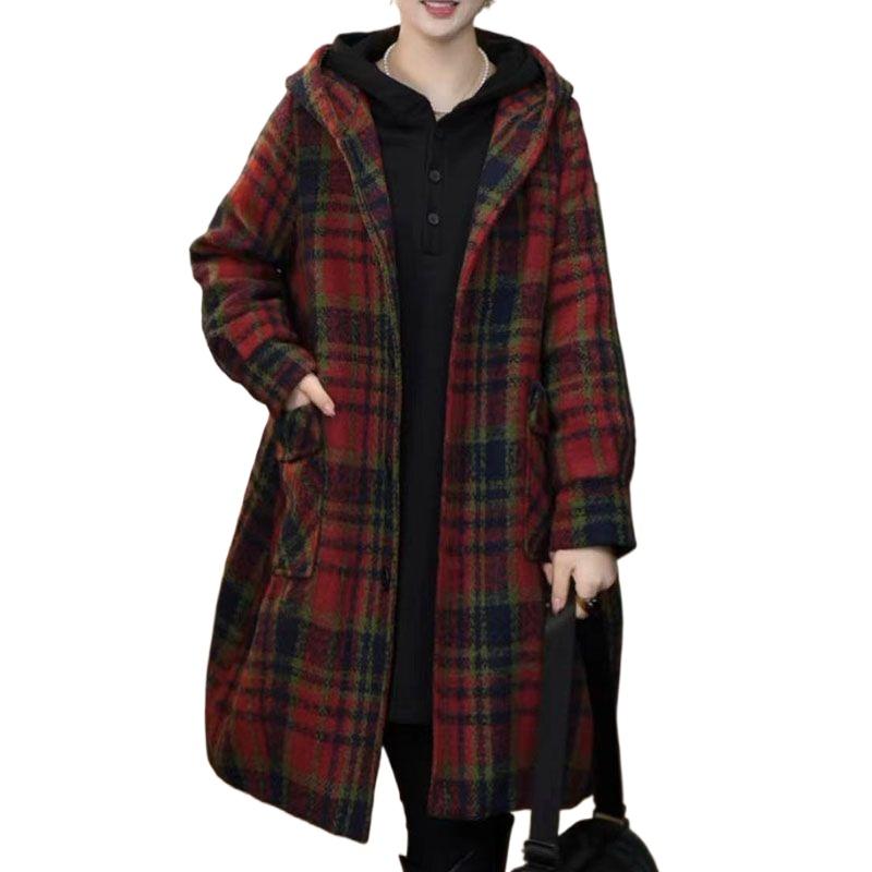 Women's Plaid Tweed Coat Hooded Mid Length Loose Plus Size Autumn Winter