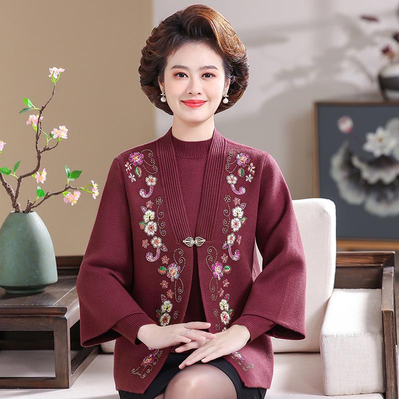 

Мамин зимний велюровый вязаный костюм-двойка: Стильный, плотный кардиган и свитер для женщин среднего и пожилого возраста в национальном стиле. 4XL (recommended for 145-160 jin)