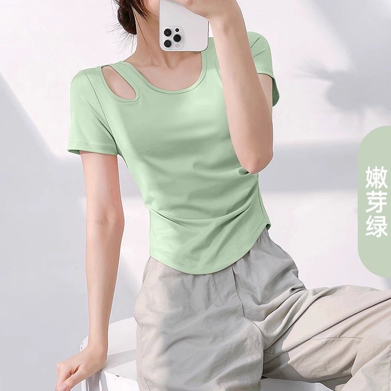 

2025 Spring and Summer New Hollow Wrinkle Yoga Clothes Short sleeve Women Wear-Free Bra Slimming Sports Fitness Top T-shirt Green buds S