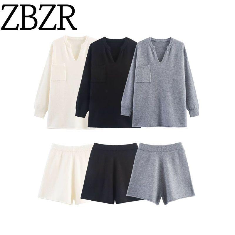Za Autumn New Women Clothes 2025 Western Style Versitile Fashion Simple Curling Knitted Top Shorts Set