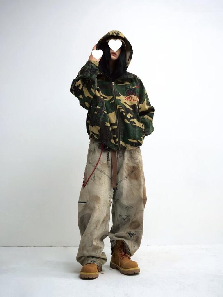 Gender-Free Yellow Mud Dyed Distressed Wide-Leg Jeans