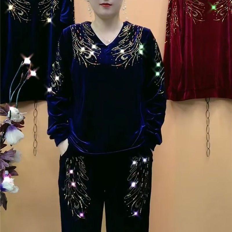 2-teiliger Hosenanzug Herbst Damen Stickerei Übergröße Samtbluse Hohe Taille Samt Harems Hose Zweiteiliges Set