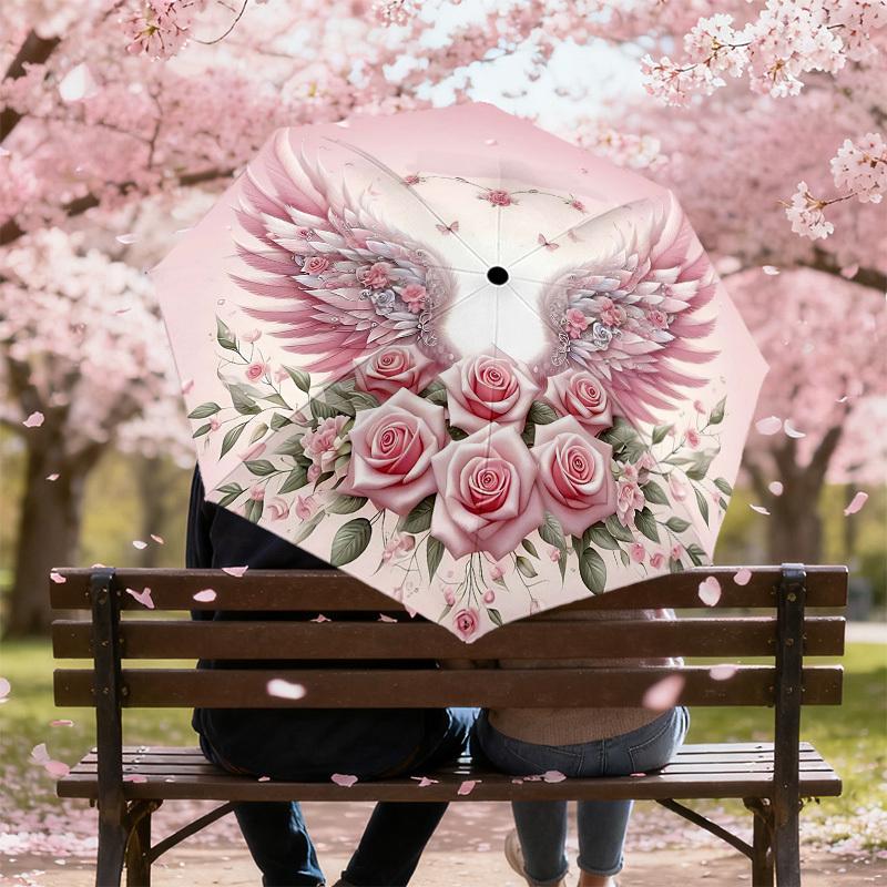 1pc Wings Flowers Automatic Open/Close Umbrella Compact Folding Umbrella with 8-Rib Shaft for Women/Men, Portable Travel Umbrella,1237S