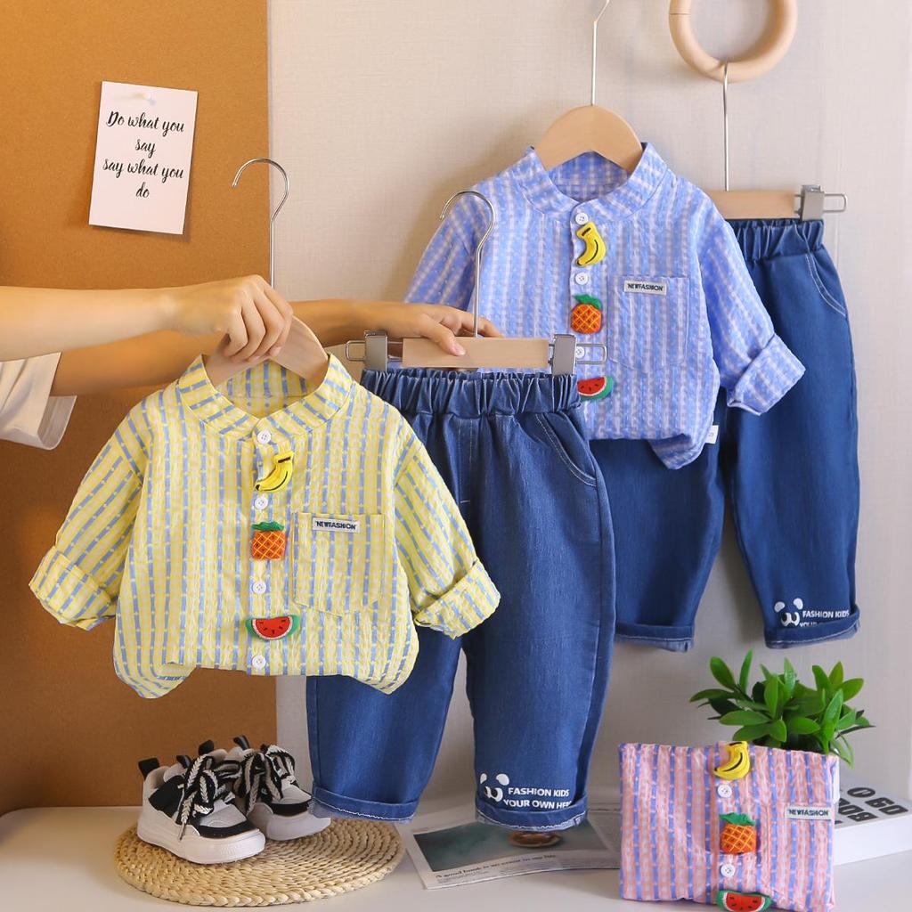Boys' long sleeved 2-piece set, 0-5-year-old Children's fruit printed shirt, casual denim pants, High-quality children's clothing
