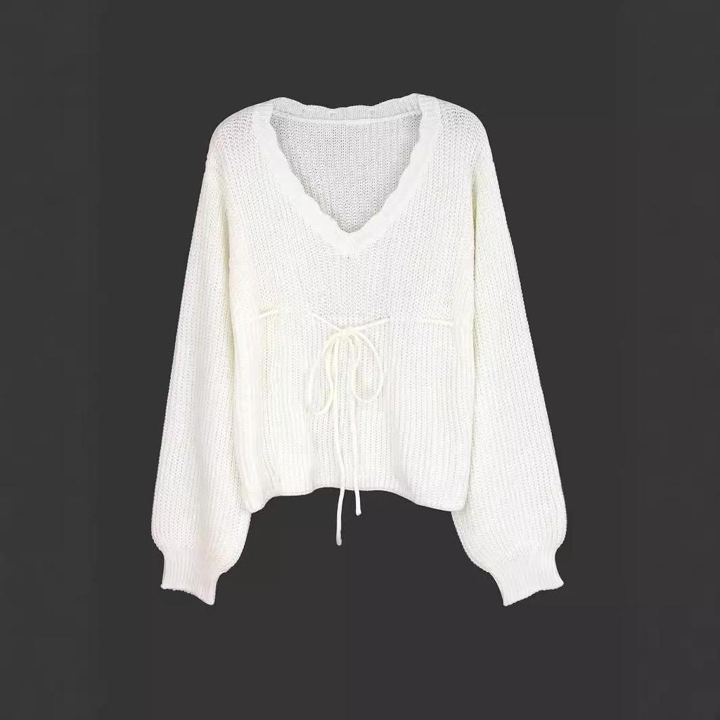 European & American Solid Color Tie-Up Pullover Knitwear for Spring, Autumn, Winter
