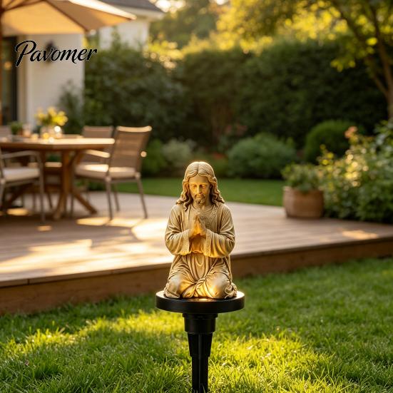 Outdoor Solar Powered Decor Prayer Statue Garden Stake Light, Waterproof Resin Human Figure Sculpture for Patio Decorative Lawn Ornaments Pathway