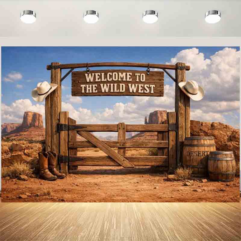 Wild West Desert Wooden Gate Cowboy Photography Backdrop Canyon Barrel Cowboy Hat Boots Vintage Western Party Photo Deco