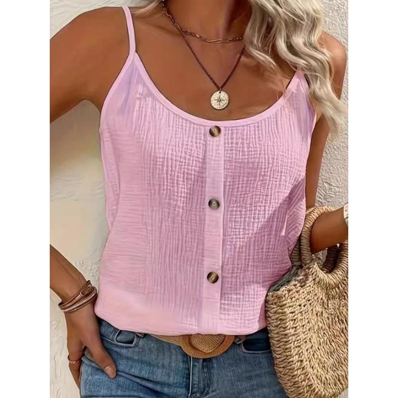 Damen Uni Geripptes U-Ausschnitt Falsche Knopfleiste Spaghettiträger Locker Lässiges Cami Tanktop