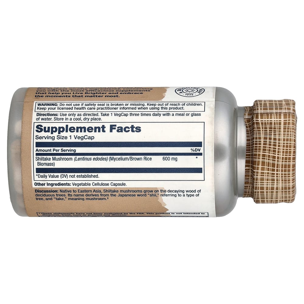 Solaray Shiitake Mushroom 600mg Veggie Capsules, 100 Count
