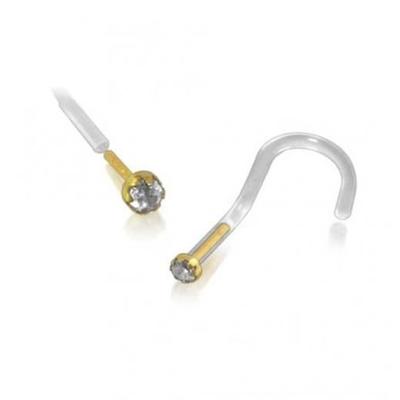 Bio-Plast Nose Screw Stud Piercing Gemstone Jewelry with 14k Gold Head, 2.3mm CZ Round Shaped Cubic Zirconia Stone