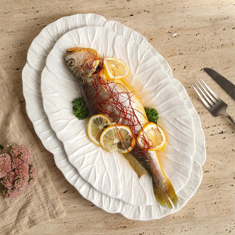 European Embossed Oval Ceramic Plate Fish Dish Salad Plate Floral Rim Home Restaurant Tableware