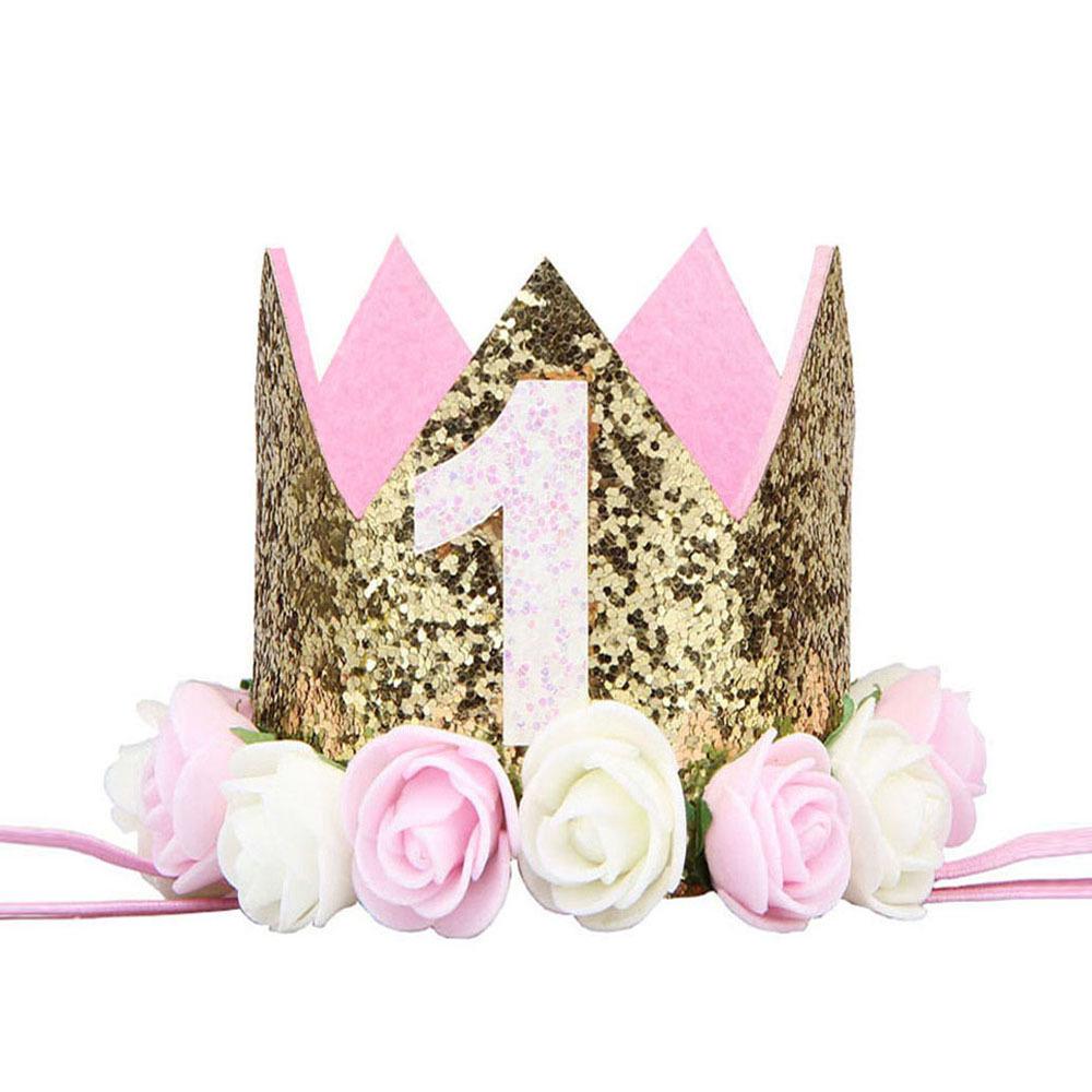 Cross-Border 1st Birthday Crown Headband: Princess Gold & Pink Party Accessory for Girls