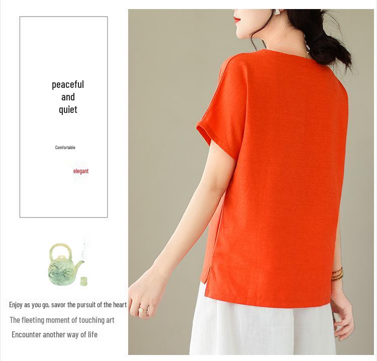 Women's Linen V-Neck Short-Sleeve Retro Top - Loose Casual Summer Style