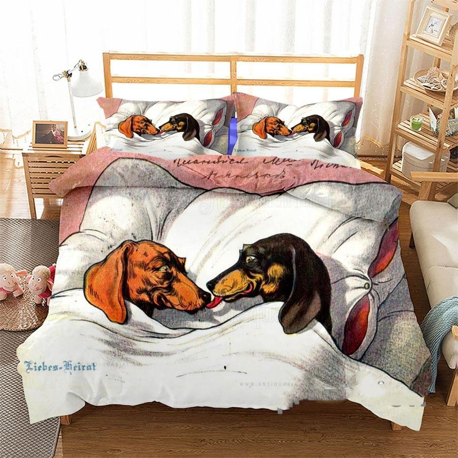3D Digital Printing Three-Piece Set Cute Funny Dachshund Quilt Cover Pillowcase Bedding