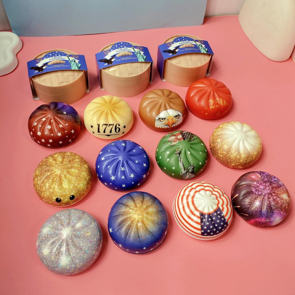 New Simulated Dumpling Squishy American Anniversary Edition Stress Balls With Steamer Reusable Rebound Squeeze Reliever Toys