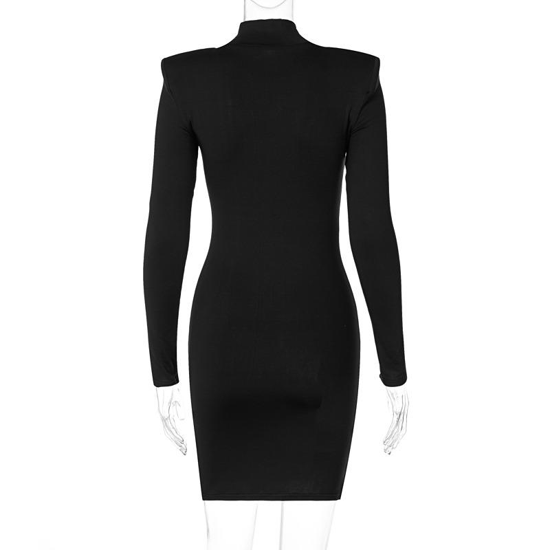 Street Shoulder Padded Slim Slit Party Sexy Dress Women Autumn Long Sleeve High Neck Temperament Casual Dresses Women Elegant Black Short Dress 25826