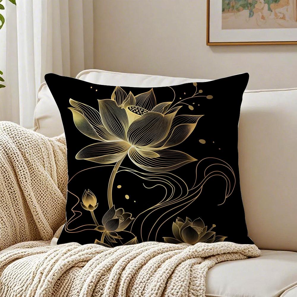 Simpl Pretty Golden Lotus Cushion Cover Breathable Short Plush Pillow Cases Machine Washable Wrinkle-Resistant Soft Durable