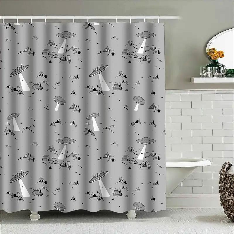 Bathroom Shower Curtain Galaxy Space Alien Ufo Stars Planet Universe Decor Modern Home