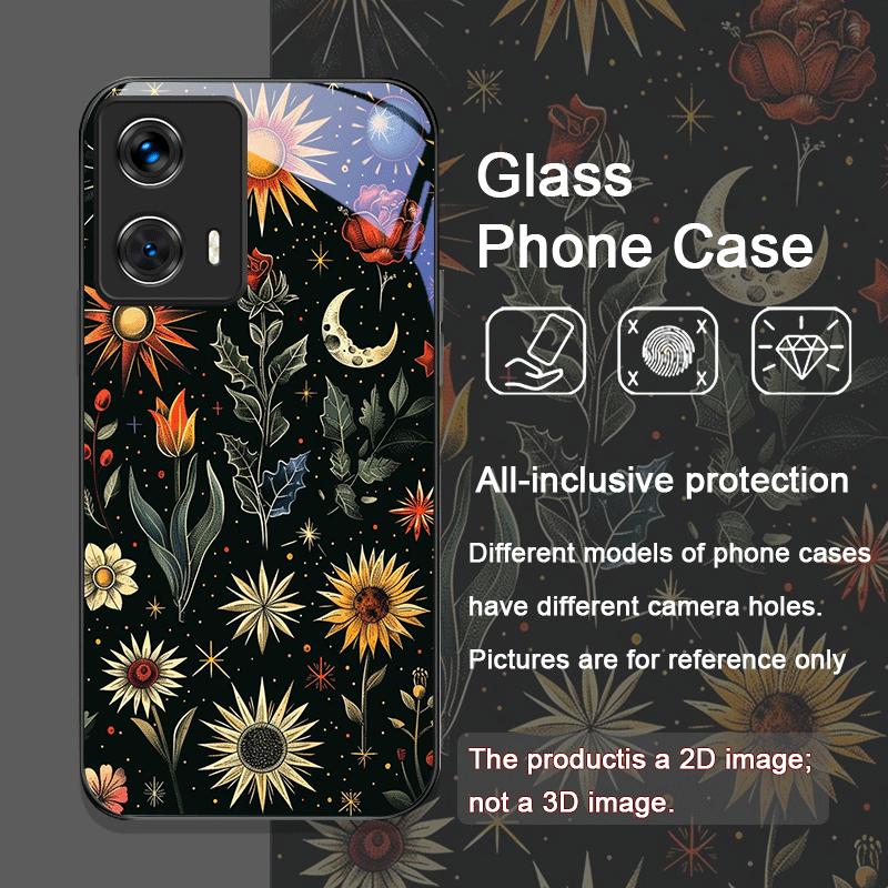 Ästhetisches Sonnenblumen- und Mondmuster Gehärtetes Glas Handyhülle für Motorola Moto Edge 50 Fusion 40 Neo 30 Pro G85 G84 G54 Abdeckung