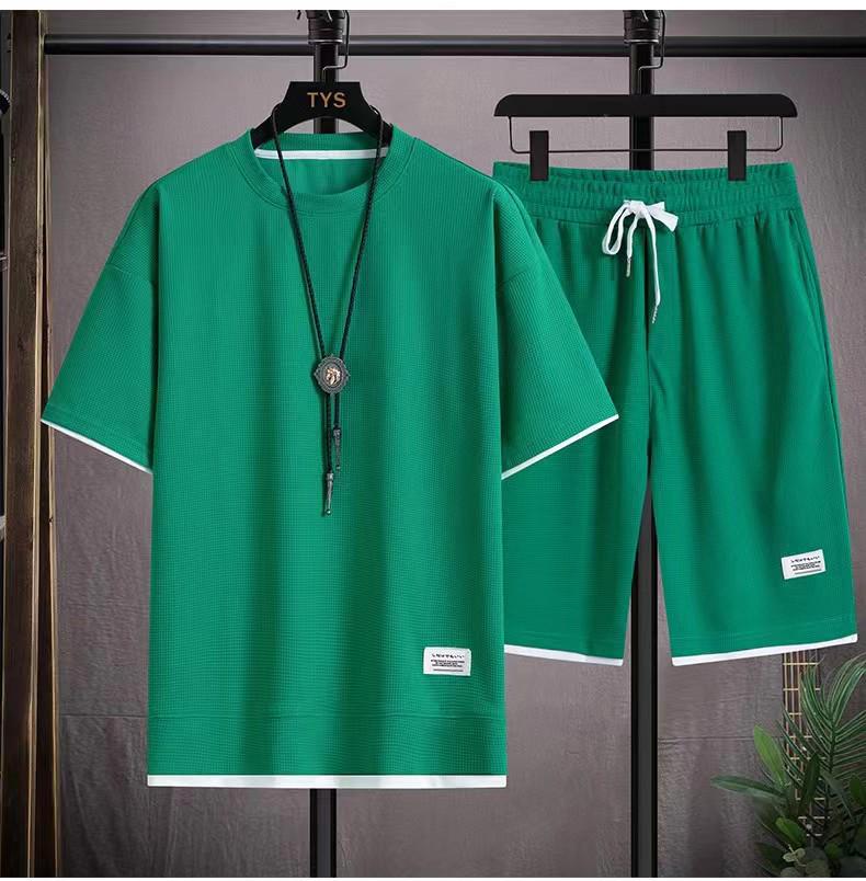National Men's Summer Waffle Trend Casual Sports Set - Loose, Handsome Short Sleeve Clothing