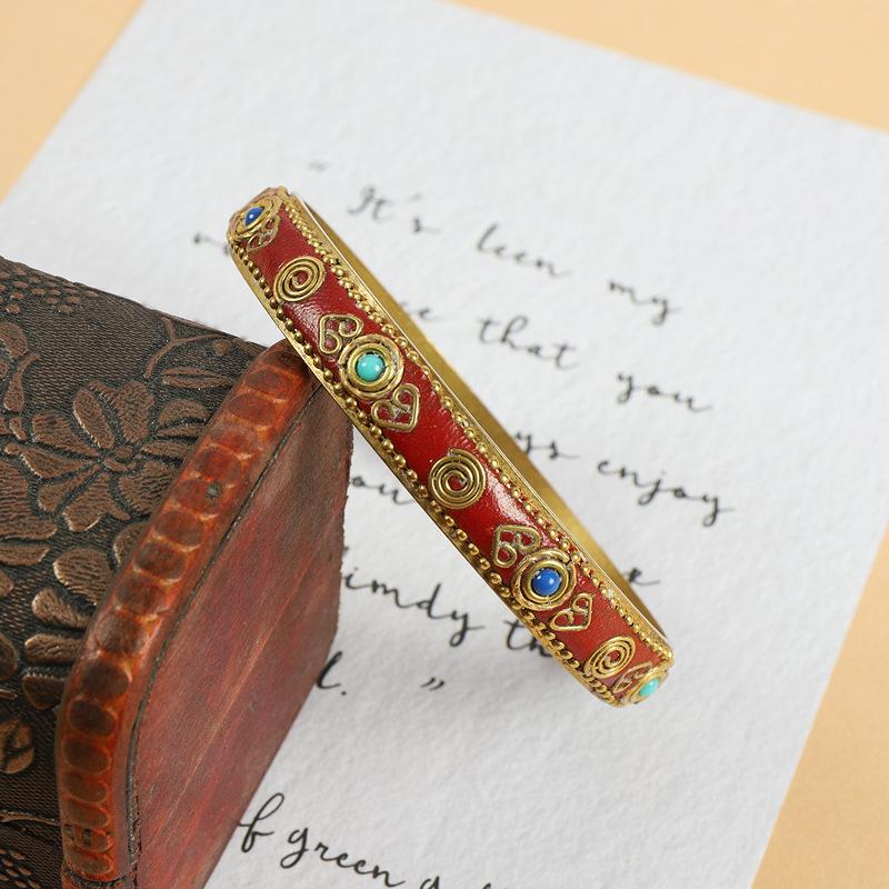 Tibetan Nepalese Bracelet Vintage Brass Inlaid Turquoise Xizang Handmade Bracelet Exotic Accessories for Men and Women