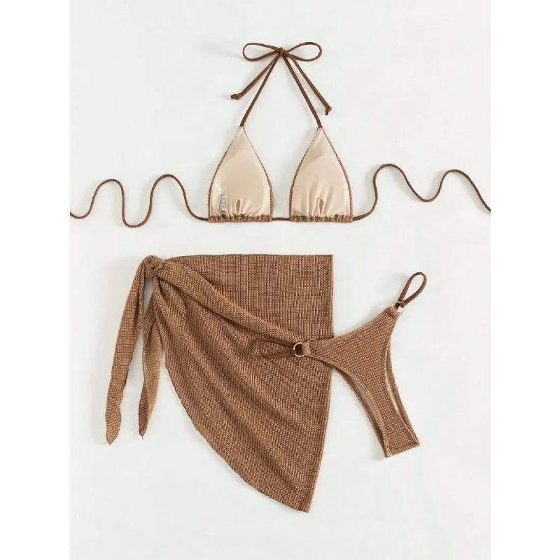 Sexy Brown Bikini Set 2025 Women Halter Push Up Bra Skirt 3 Piece Swimsuit Summer Bathing Suit Cover Up Thong Swimwear Biquini