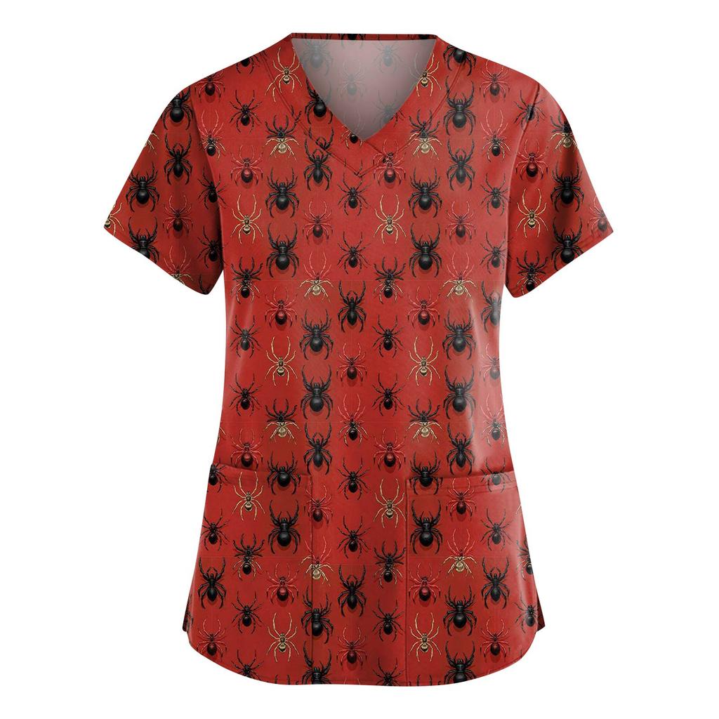 Women's Fashion V-Neck Short Sleeve Overalls With Pockets Halloween Printed Tops  Apparel
