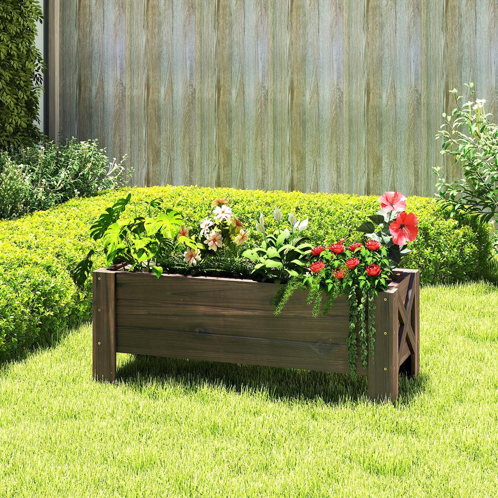 58L Garden Raised Bed Planter Grow Containers for Outdoor Patio Plant Flower Vegetable Pot Fir Wood, 100 x 36.5 x 36 cm, Carbonized Colour