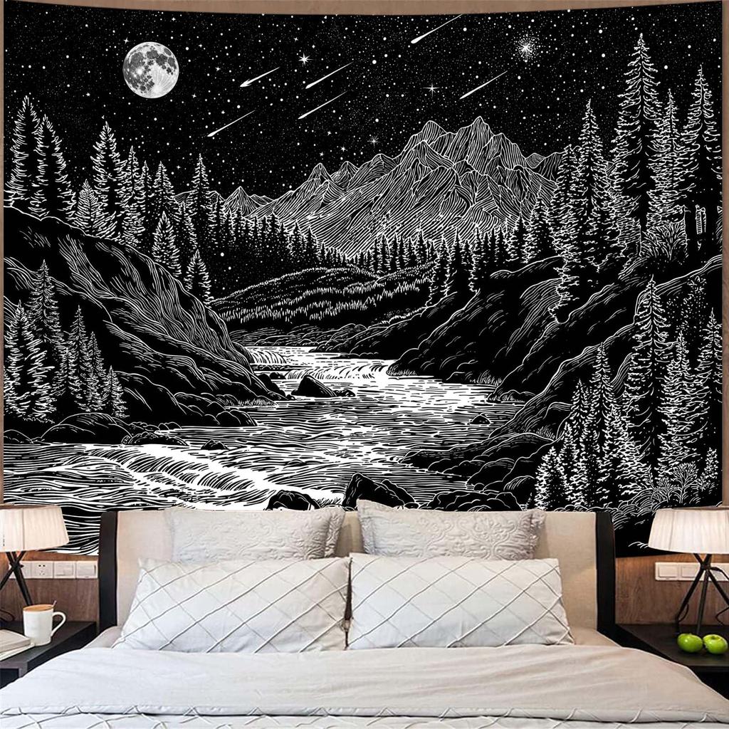 VIKAMA Black and White Starry Night Mountain Tapestry Bedroom Aesthetic Wall Hanging Living Room Dormitory Tapestry Home Decor