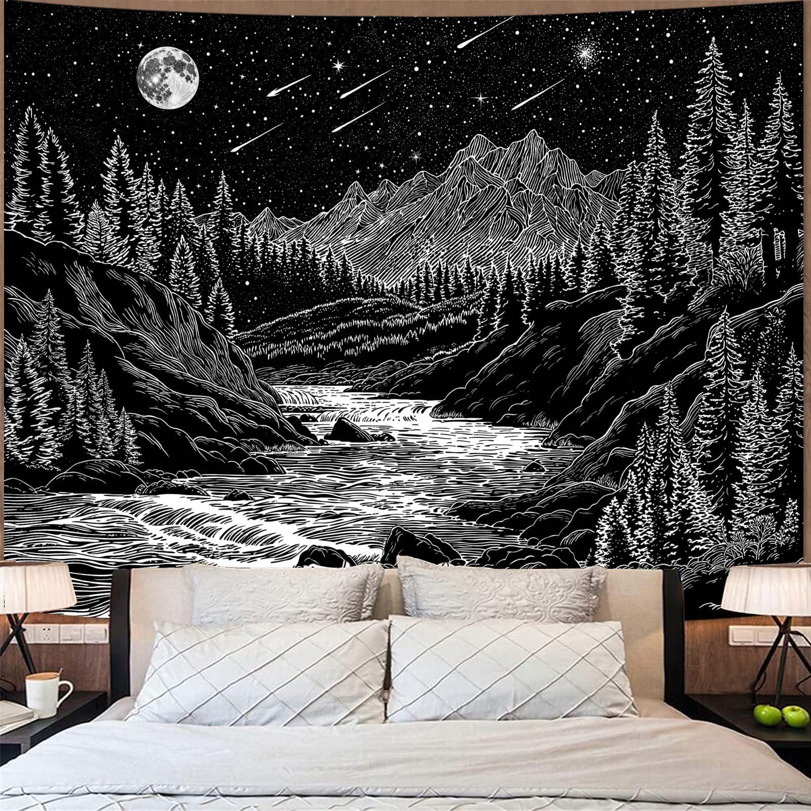 

VIKAMA Black and White Starry Night Mountain Tapestry Bedroom Aesthetic Wall Hanging Living Room Dormitory Tapestry Home Decor 74x94cm(29x37in)