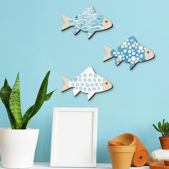 3 Pcs Wooden Fish Wall Art Nautical Coastal Theme Blue Fish Wall Decor Vintage Beach Ocean Wall Sculpture for Living Room Lake House
