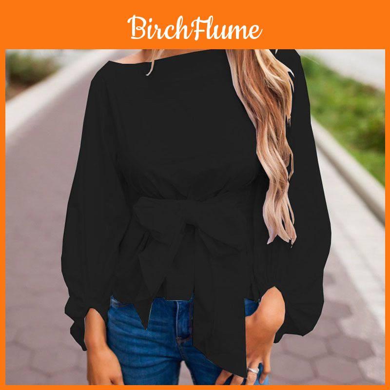 Trendy Loose-fit Chiffon Lantern Sleeve Top With Bowknot For Women Spring