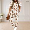 Women Plus Size White Printed Round Neck Short Sleeve Top Drawstring Cuffed Pants Two Piece Set