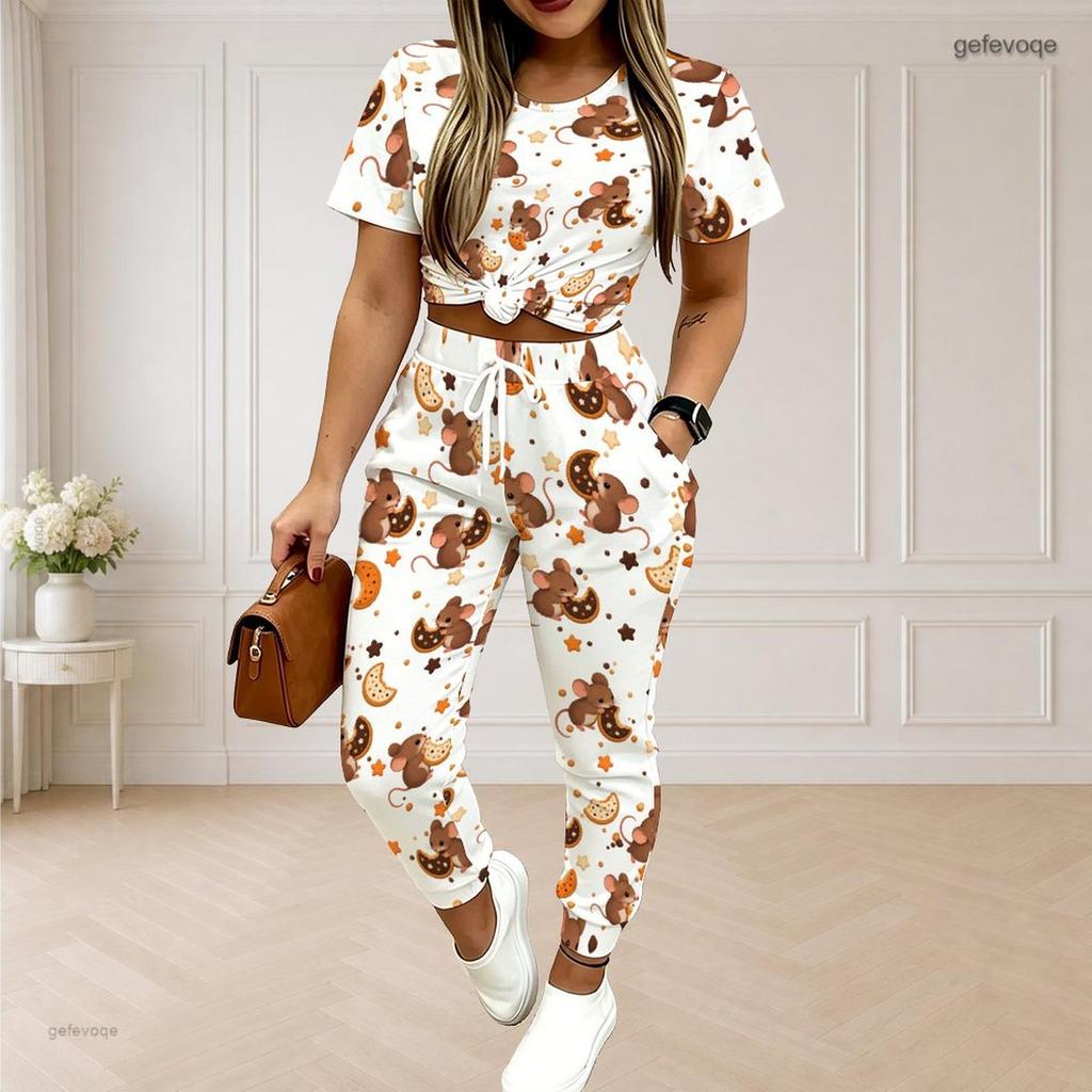 Women Plus Size White Printed Round Neck Short Sleeve Top Drawstring Cuffed Pants Two Piece Set