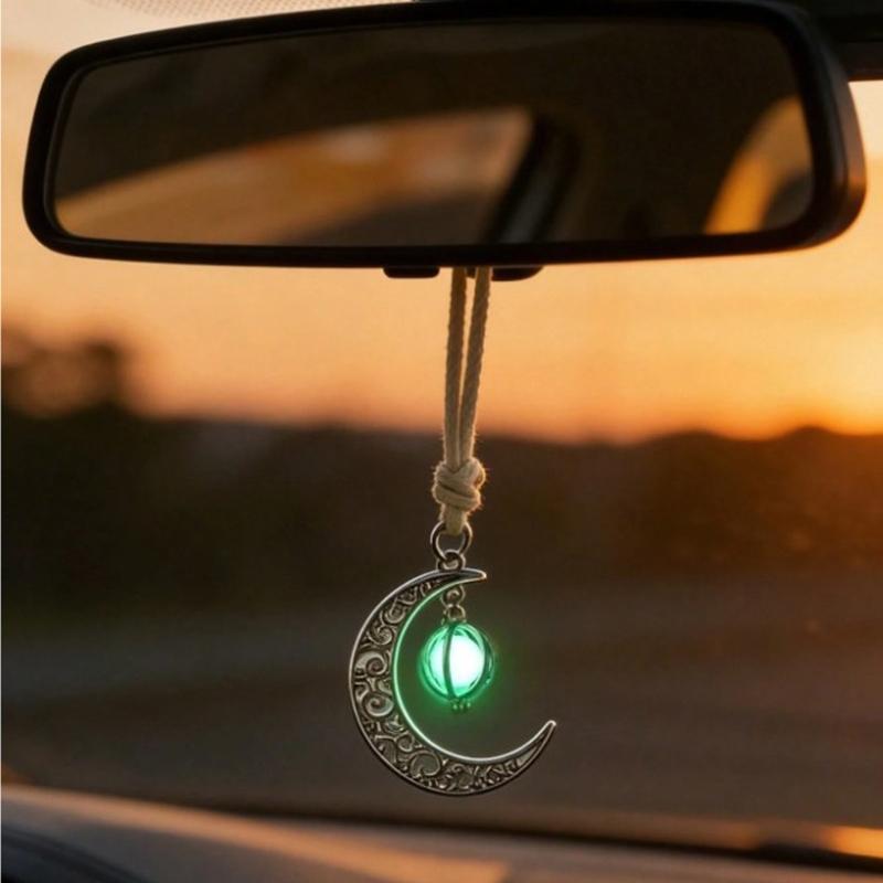 Vehicle Interior Pendant with Silver Tone Finish, Attached Cord, and Glowing Moon Pendant for Car Mirror Area